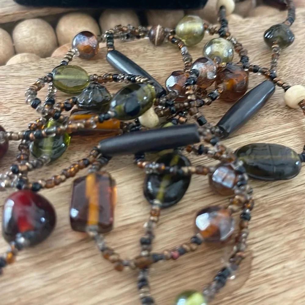 Beaded long necklace glass brown green tan  boho casual
